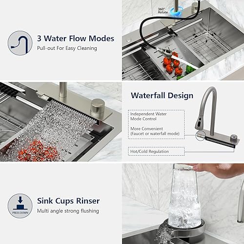 Vista 62 de Logmey Fregadero de cocina negro de 33 x 22 pulgadas, estación de trabajo SUS304, calibre 16, acero inoxidable, cuenco individual, montaje superior