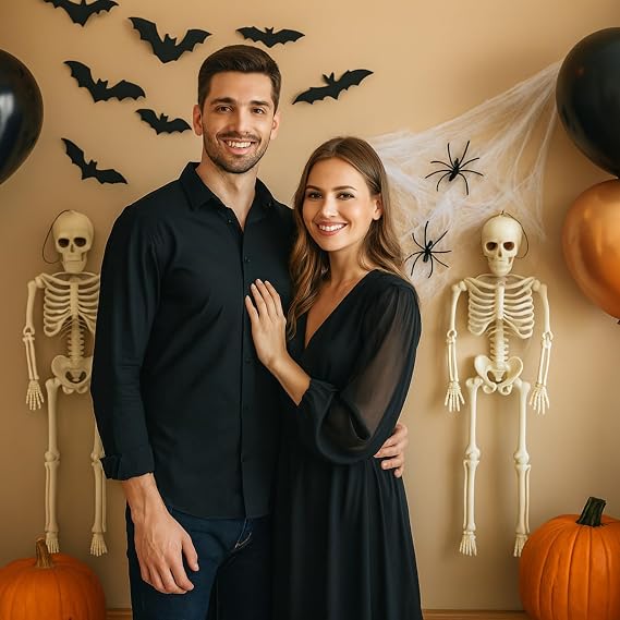 Poseable Skeleton Halloween Decorations, 2PCS 16-Inch Movable Skeletons with Hanging Loop, 2 Mini Fake Spiders & 20g Spider Web, for Halloween Party Decoration, Indoor Outdoor Party Graveyard Decor