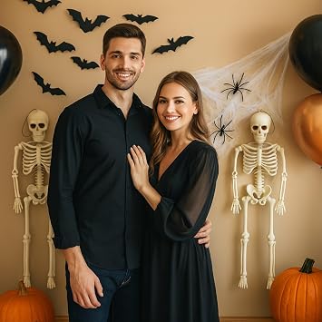 Poseable Skeleton Halloween Decorations, 2PCS 16-Inch Movable Skeletons with Hanging Loop, 2 Mini Fake Spiders & 20g Spider Web, for Halloween Party Decoration, Indoor Outdoor Party Graveyard Decor