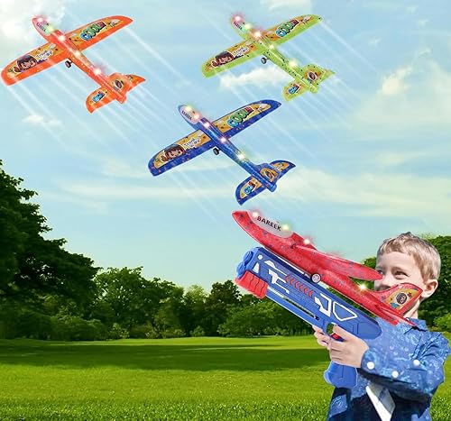 BAREEK Paquete de 3 lanzadores de aviones de juguete para niños, planeador de espuma ligera LED con lanzador de avión para jugar al aire libre,