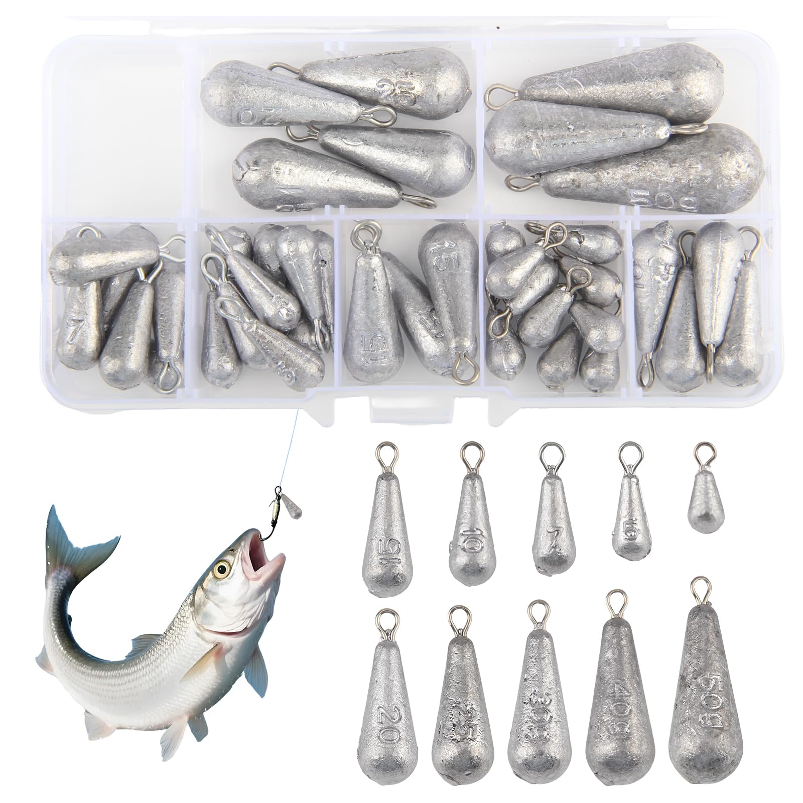 CHENYU 40 Pcs Fishing Weights 10 Sizes Mixed 3.5g 5g 7g 10g 15g 20g 25g 30g 40g 50g Sea Fishing Weights for Seawater Rivers and Shallow Water
