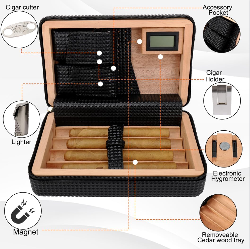 Cigar Case Diamond Silicone Leather Cigar Cases Cedar Wood Humidor Portable Case for 4 Cigars with Accessories Set,Gift for Men