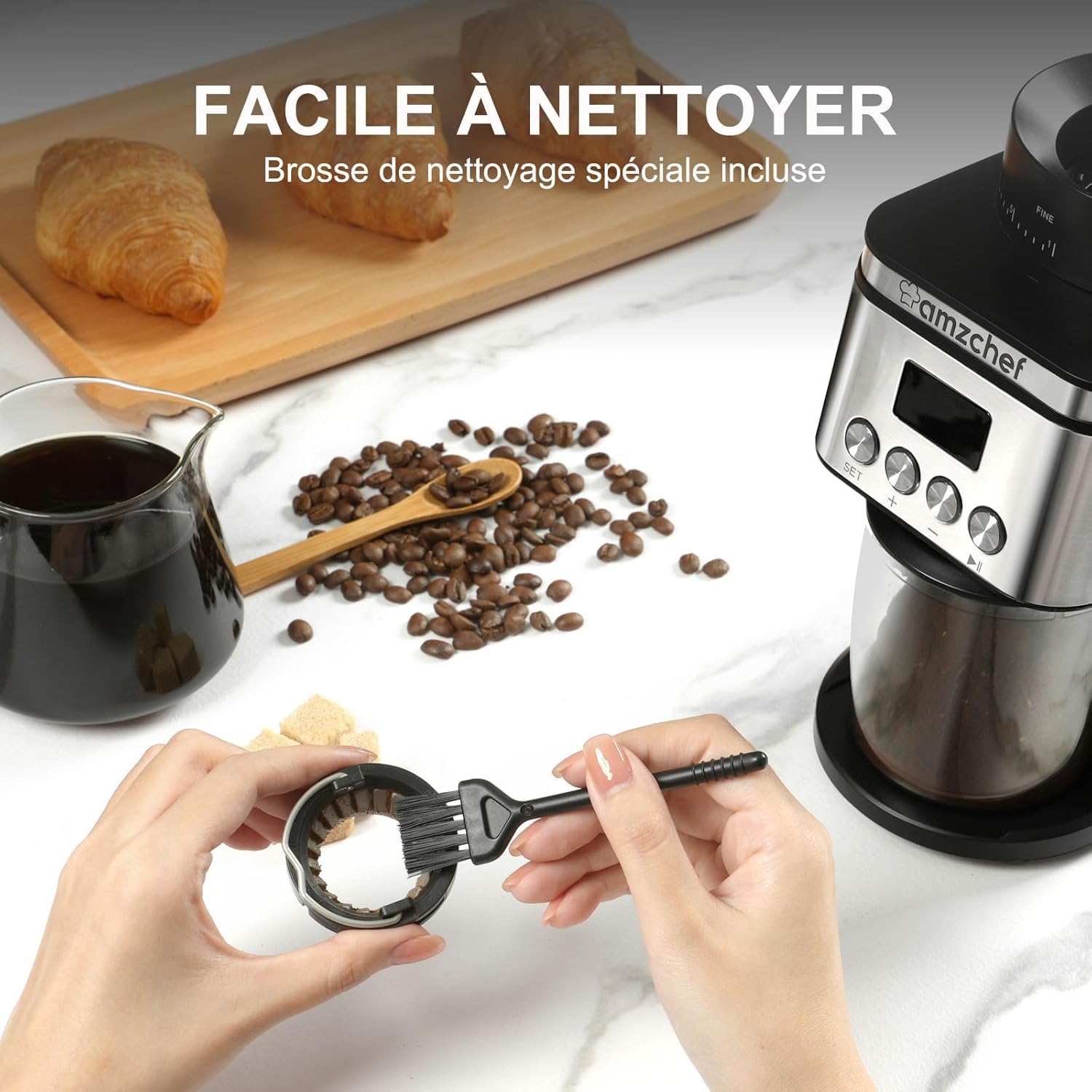 AMZCHEF Moulin à Café Electrique 160 W | 30 Réglages de mouture grossière à fine | 1-12 Tasses ou jusqu'à 40 secondes | Capacité de 300 g | Moulin a cafe en écran LCD et Minuterie Numérique | Argent