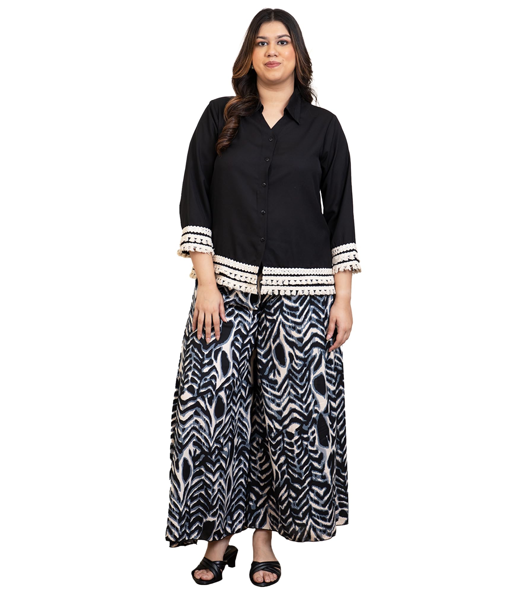 Solid Summer Cool Shirt & Animal Print Sharara Plus Size Western Co-Ord Set For Women's|Collared Full Straight Sleeves Relaxed Fit Cord Set|Ladies Fusion Wear-image-6