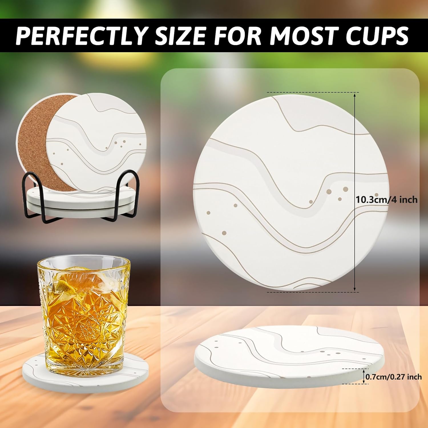Coaster Set of 4, Drink Coasters with Holder, Absorbent Ceramic Coasters for Dining Table, 4 Inch Round Coasters Set for Drinks, Cup Coaster for Home Decor, Housewarming Gift, (R&C) - Image 2