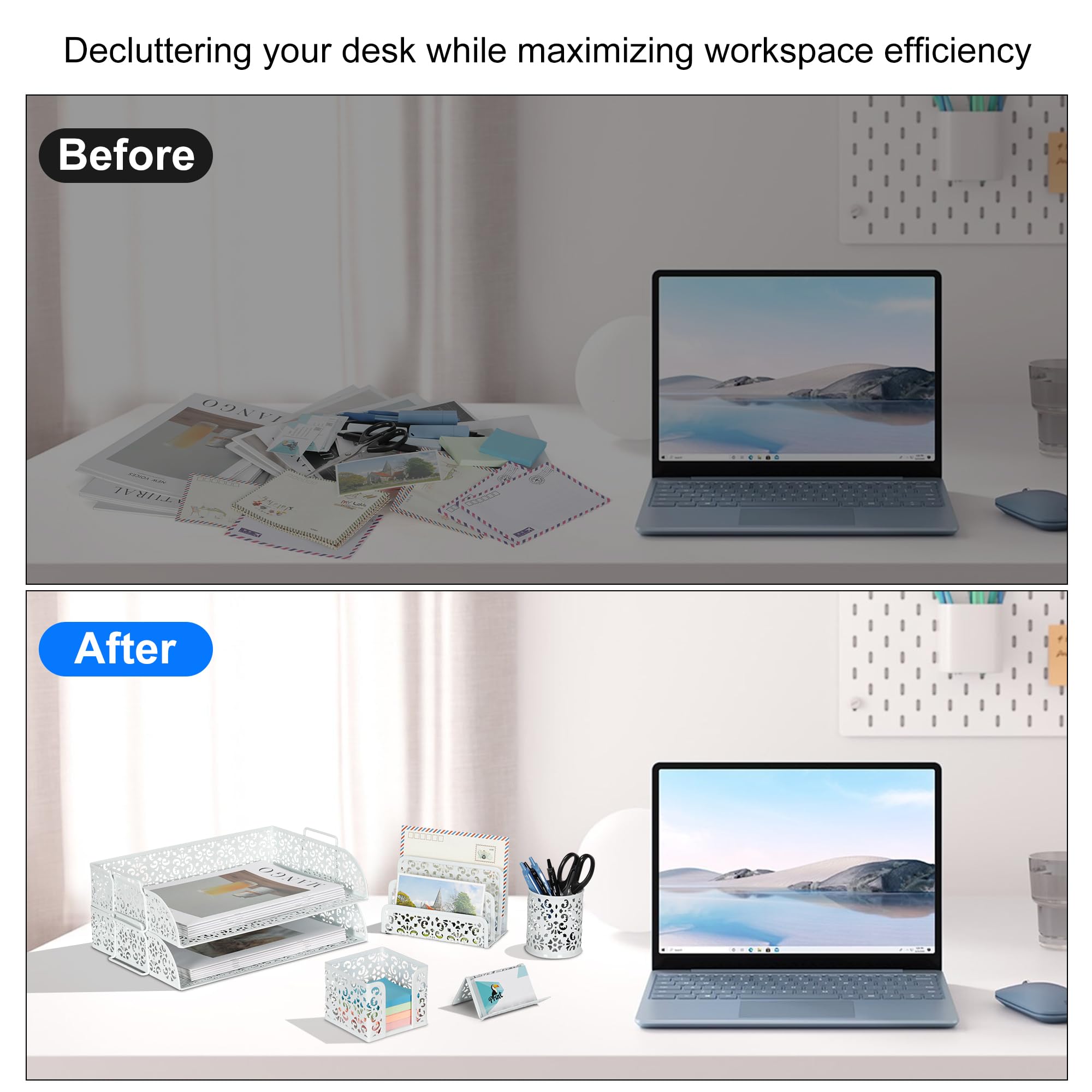 EasyPAG Set organizer da scrivania 5 in 1 – vassoio da scrivania impilabile a 2 livelli, selezionatore per lettere, portapenne, porta biglietti da visita e porta banconote, bianco
