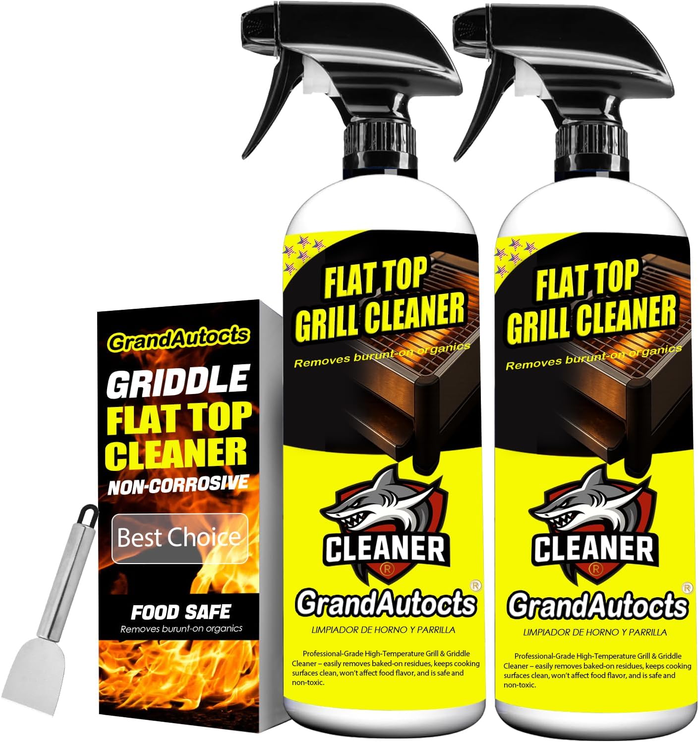 Flat Top Grill Cleaner Kit， Grill & Griddle Cleaner - Non-Toxic Food Safe & Non-Caustic Formula, Removes Burnt-On Grease/Carbon (2 Pcs + Cleaning Tools)