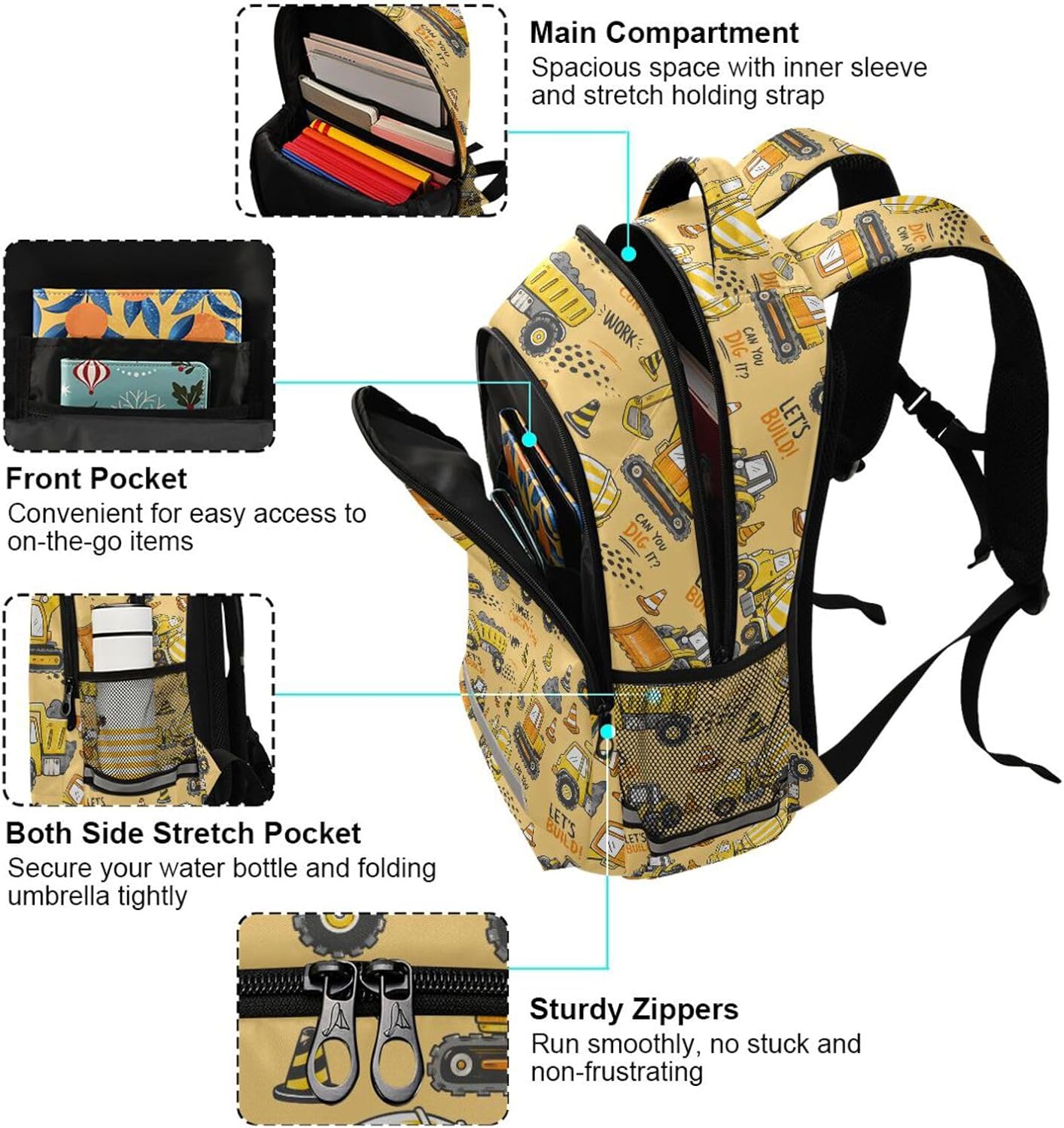 Truck Boys Backpack Yellow Excavator Kids Elementary School Bookbag Travel Rucksack Laptop Bag