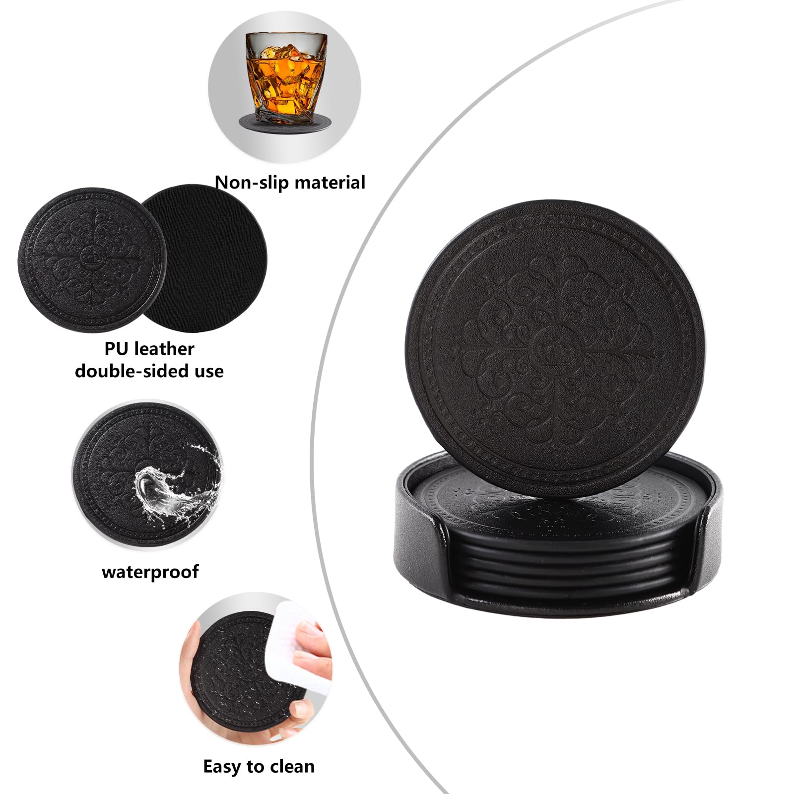 Lisrsc PU Leather Coasters Set of 6 with Holder - Black Round Drink Coasters for Coffee Table - Image 4