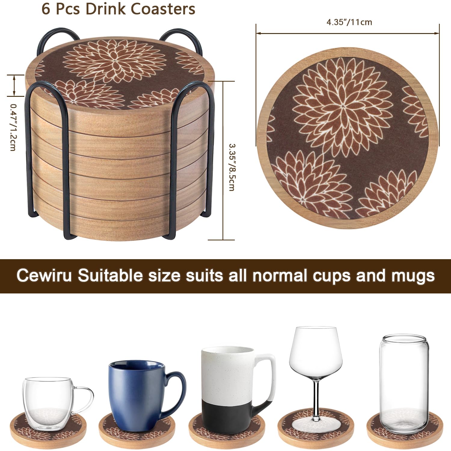 Juego de 6 posavasos de madera con soporte, alfombrilla Cewiru para bebidas, posavasos absorbentes con inserto de fieltro para protección de mesa de café, estilo moderno, decoración de mesa de comedor