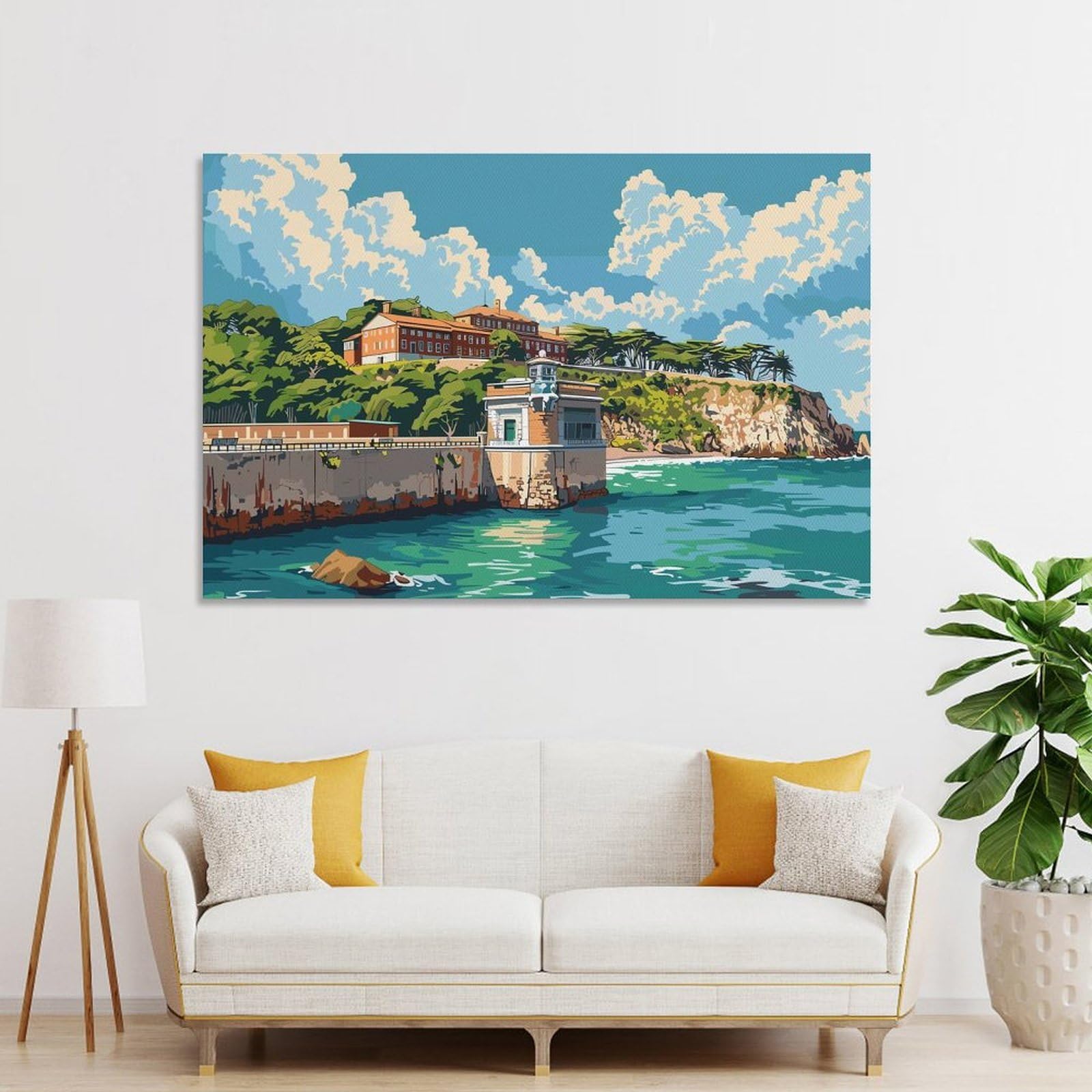 Junmoney Coastal Town Landscape Canvas Wall Art, 12x18inch(30x45cm), for Wall Displays, Bedrooms Or Room Updates, Ideal for Building A Coordinated Art Wall