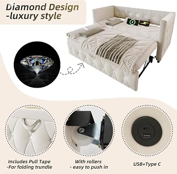 Daybed, Single Bed Frame with Trundle, 3ft Sofa Bed with Charging Ports, Pull Out Bed for Living Room and Bedroom, Velvet, (No Mattress) (Beige)