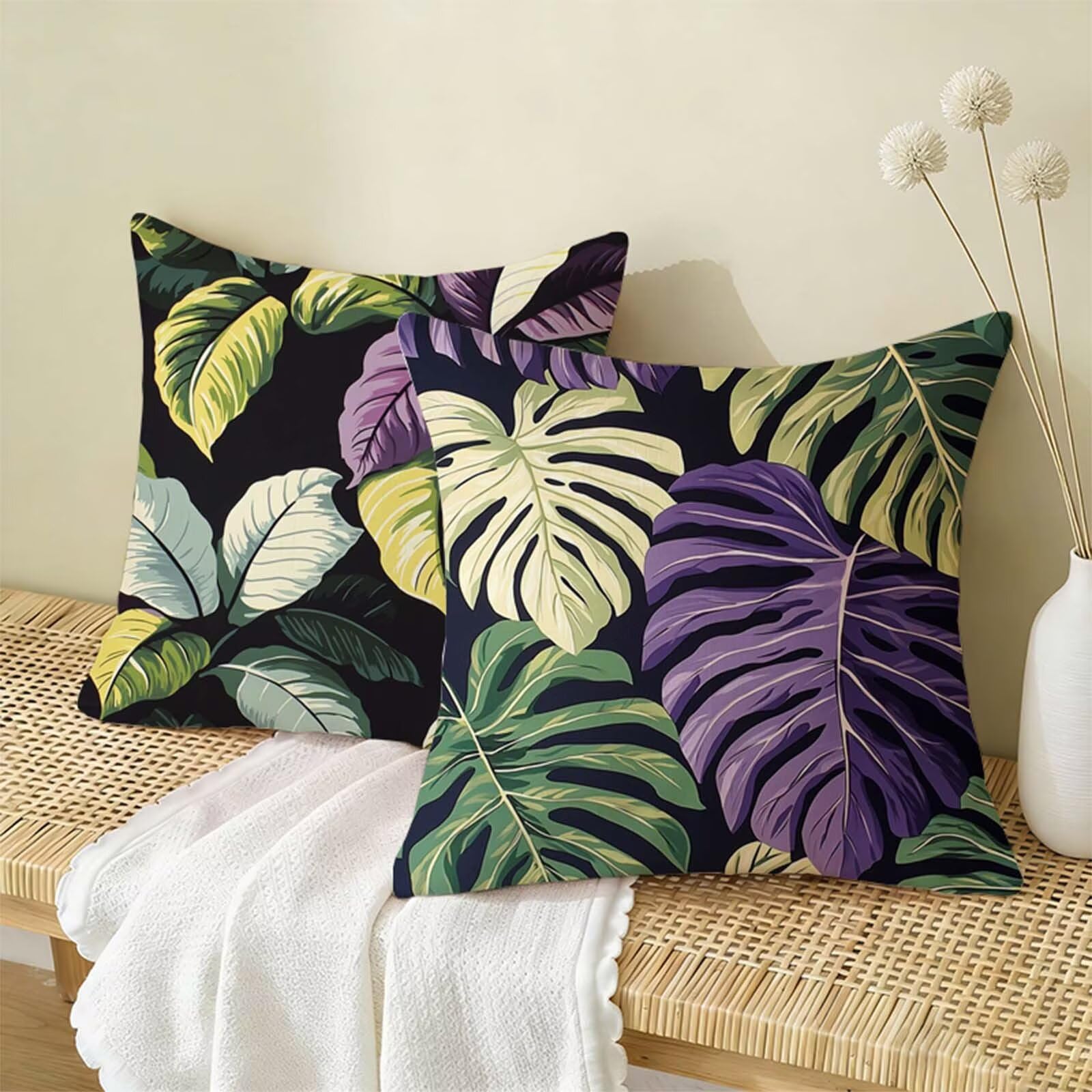 Copricuscino 80x80 cm Viola Set di 2,Piante Tropicali Federe Cuscini Divano Lino,Copricuscini Impermeabili,Federe Cuscino Morbido Traspiranti Adatto a Tutte le Stagioni per Soggiorno Camera Decor X-59