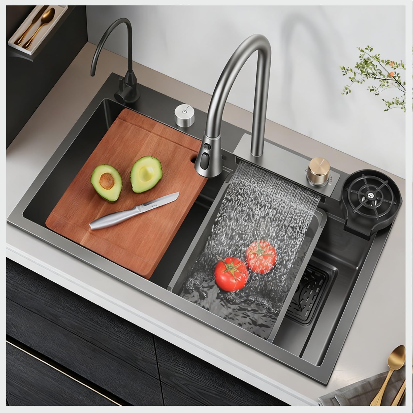 HYSOPSPX Waterfall Kitchen Utility Sink, Modern Multifunctional Workstation Sinks, with Pull-Out Faucet Nano-Coated Topmount Single, for Kitchens, Outdoor Spaces and RV.(Black-Grey-A,80X45X21CM)