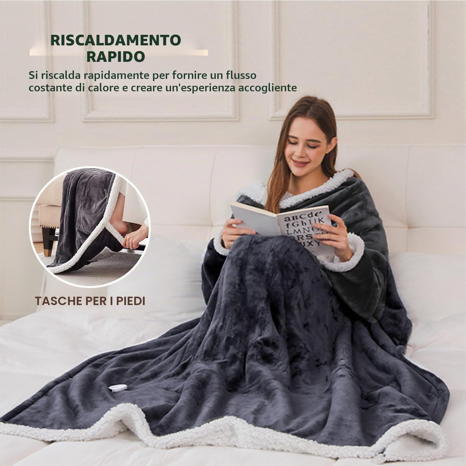 Coperta riscaldante con maniche, 130 × 180 cm, 10 livelli di calore, fino a 12 ore di spegnimento automatico, in flanella lavabile, adatta per casa e ufficio, coperta elettrica per letto e