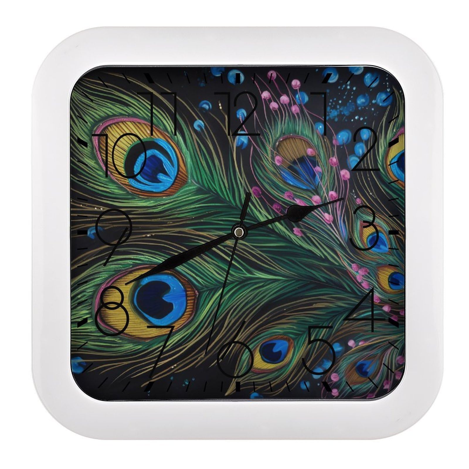 NTVOWPZO 10 Inch Wall Clock Peacock Feather Battery Operated Wall Clocks Silent Non-Ticking Square Wall Clock for Living Room Kitchen Home Office Wall Decorative Clocks