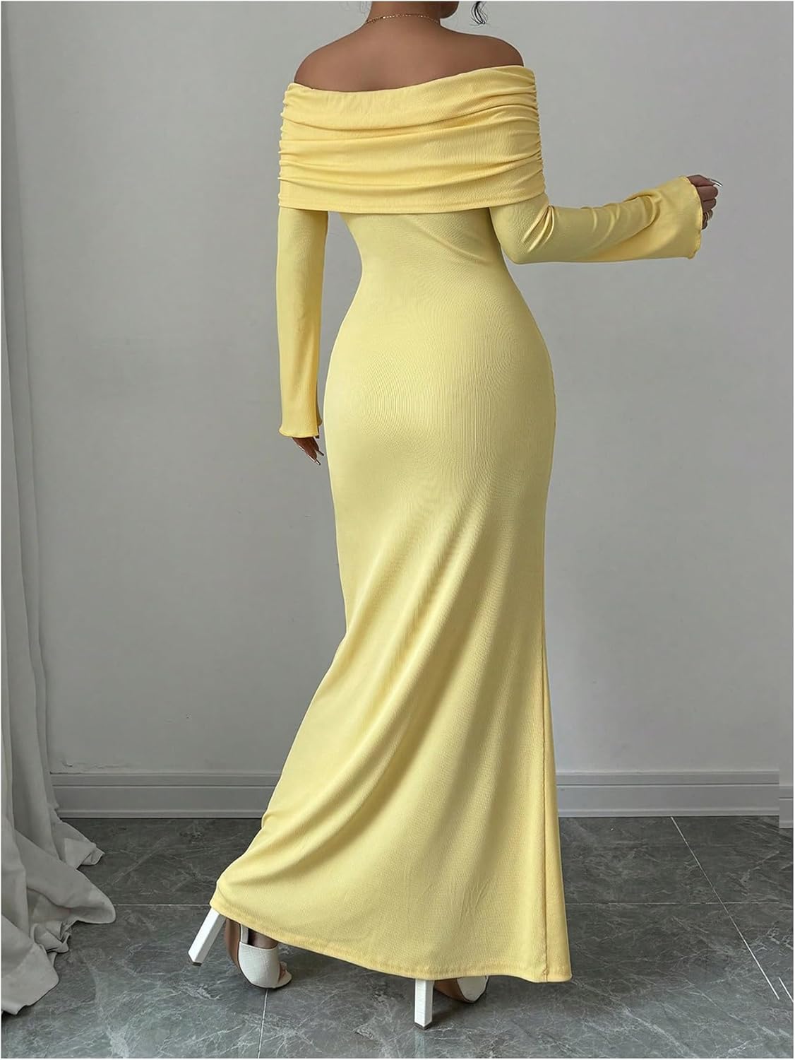 GORGLITTER Women's Off Shoulder Bell Long Sleeve Maxi Dresses Elegant Classy Fall Mesh Birthday Long Fishtail Dress - Image 2