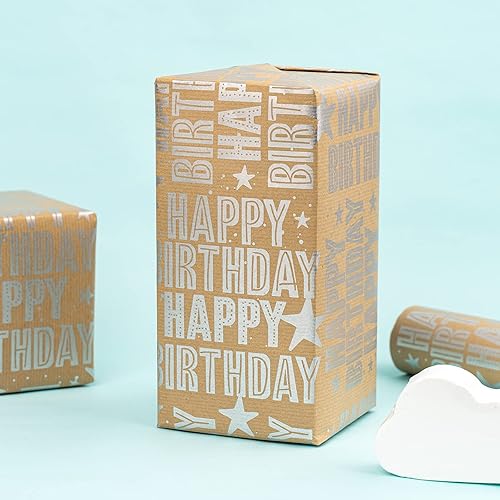 Miniatura 6 de RUSPEPA Rollo de papel de regalo Kraft  Patrón de feliz cumpleaños plateado ideal para cumpleaños fiestas baby shower 175 pulgadas x 328 pies