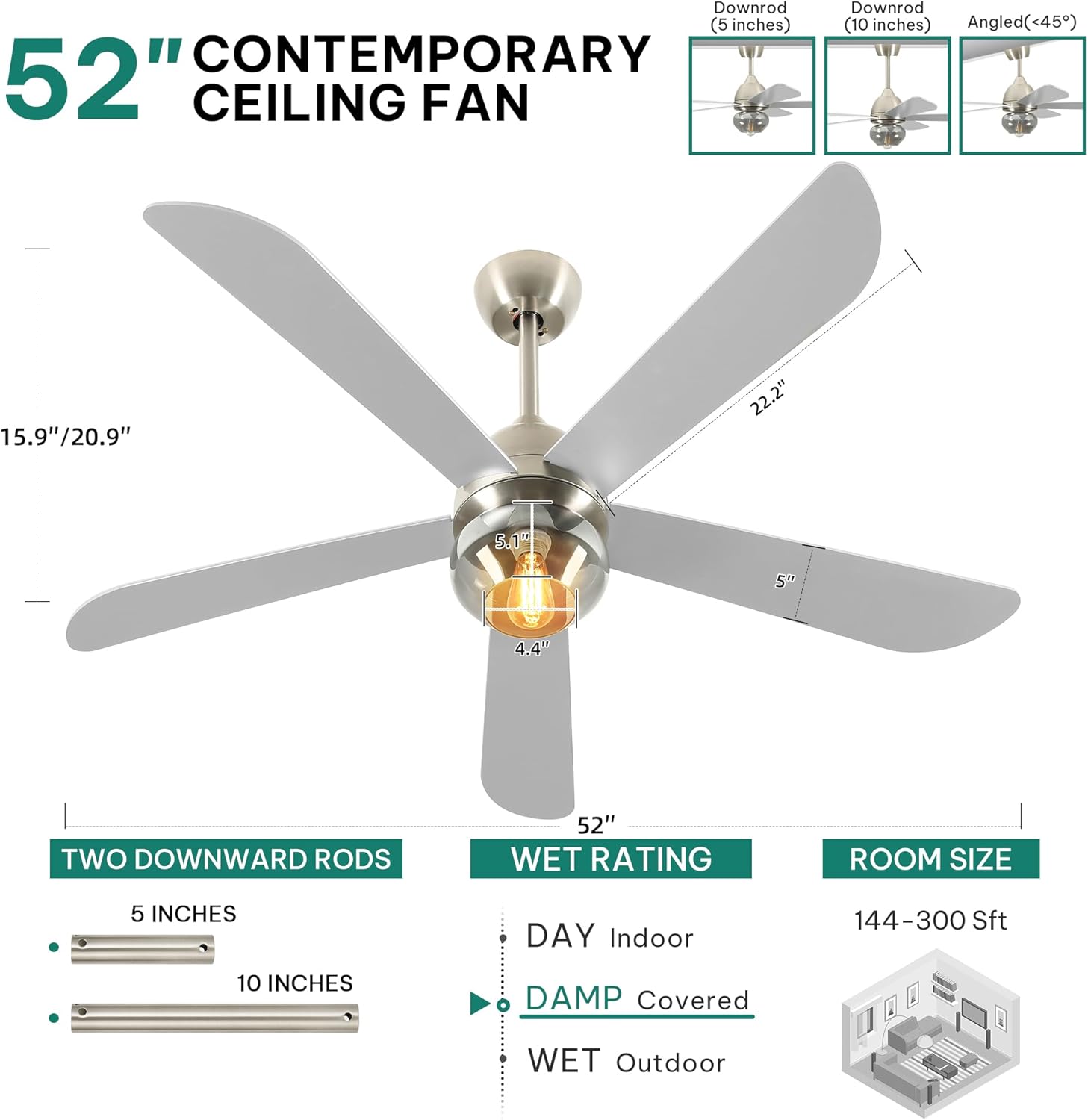 YITAHOME Ceiling Fans with Lights, Unique Designs for Glass Lampshade and Fan Blades, 52 Inch Modern Ceiling Fan, 6 Speeds, Reversible Quiet DC Motor Fan for Living Room, Dining Room, Bedroom, Nickel