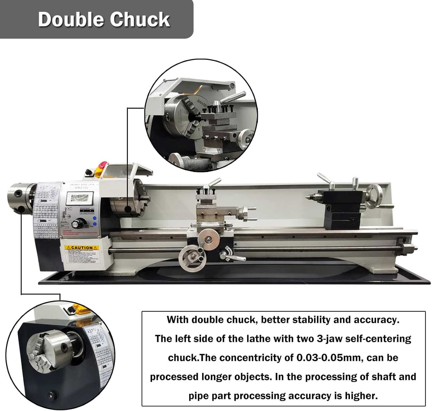 INTSUPERMAI Metal Lathe 8"x32" Inch Thread Double Chuck Double Chuck Lathe Mini Metal Lathe Bench Top Mini Lathe 1100W 120V 50-2500rpm Variable Speed