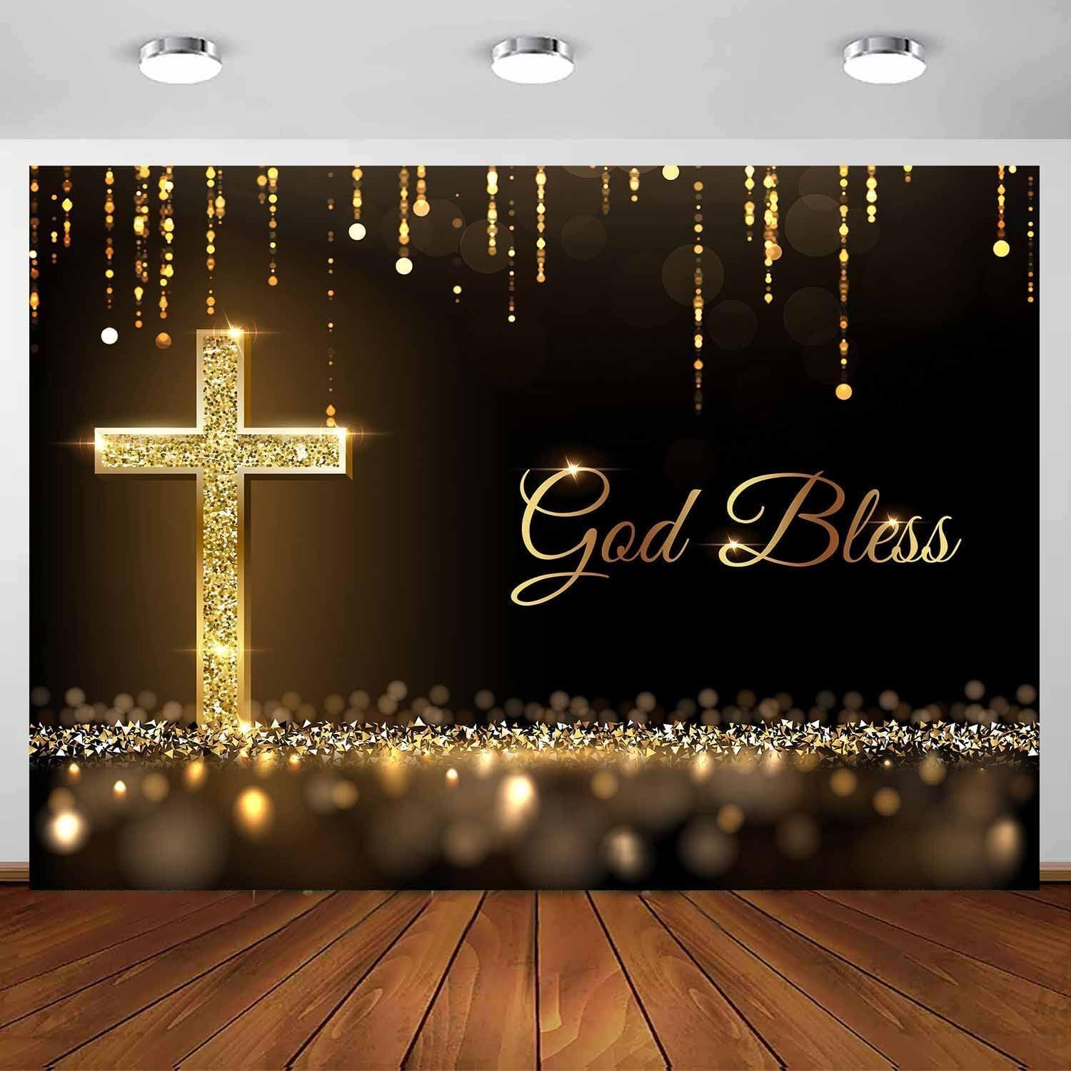 7X5ft Cross Backdrop, Golden Gliitter God Bless Backdrop Baptism Resurrection of Jesus Easter Photo Background for Church Events Decor Photo Props