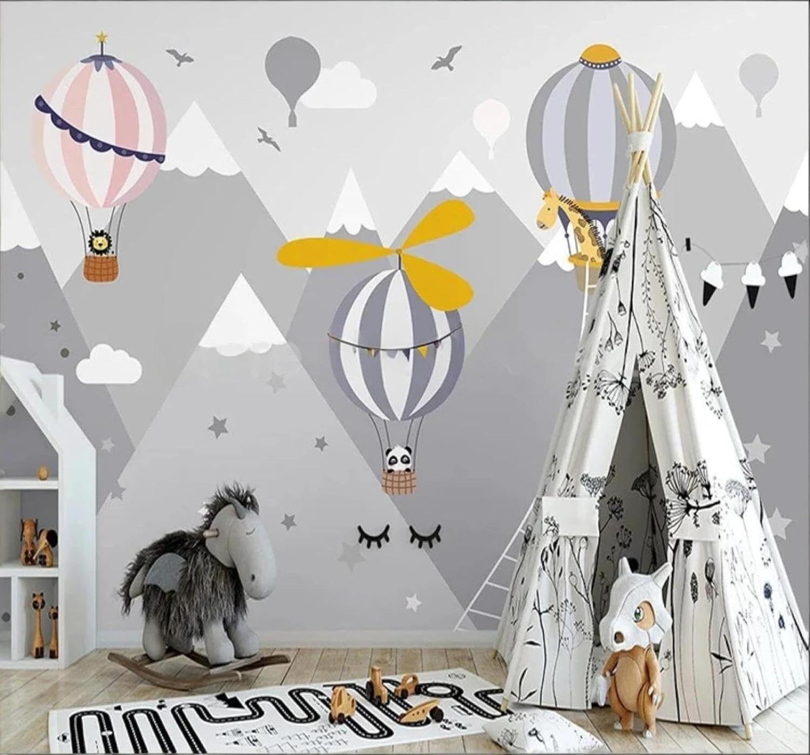 Tzxztt Hand Drawn Cartoon Hot Air Balloon Animals Mountains Modern 3D Wallpaper Premium Textured Silk Neutral Tones Material Ideal for Living Room Bedroom-350cm×256cm