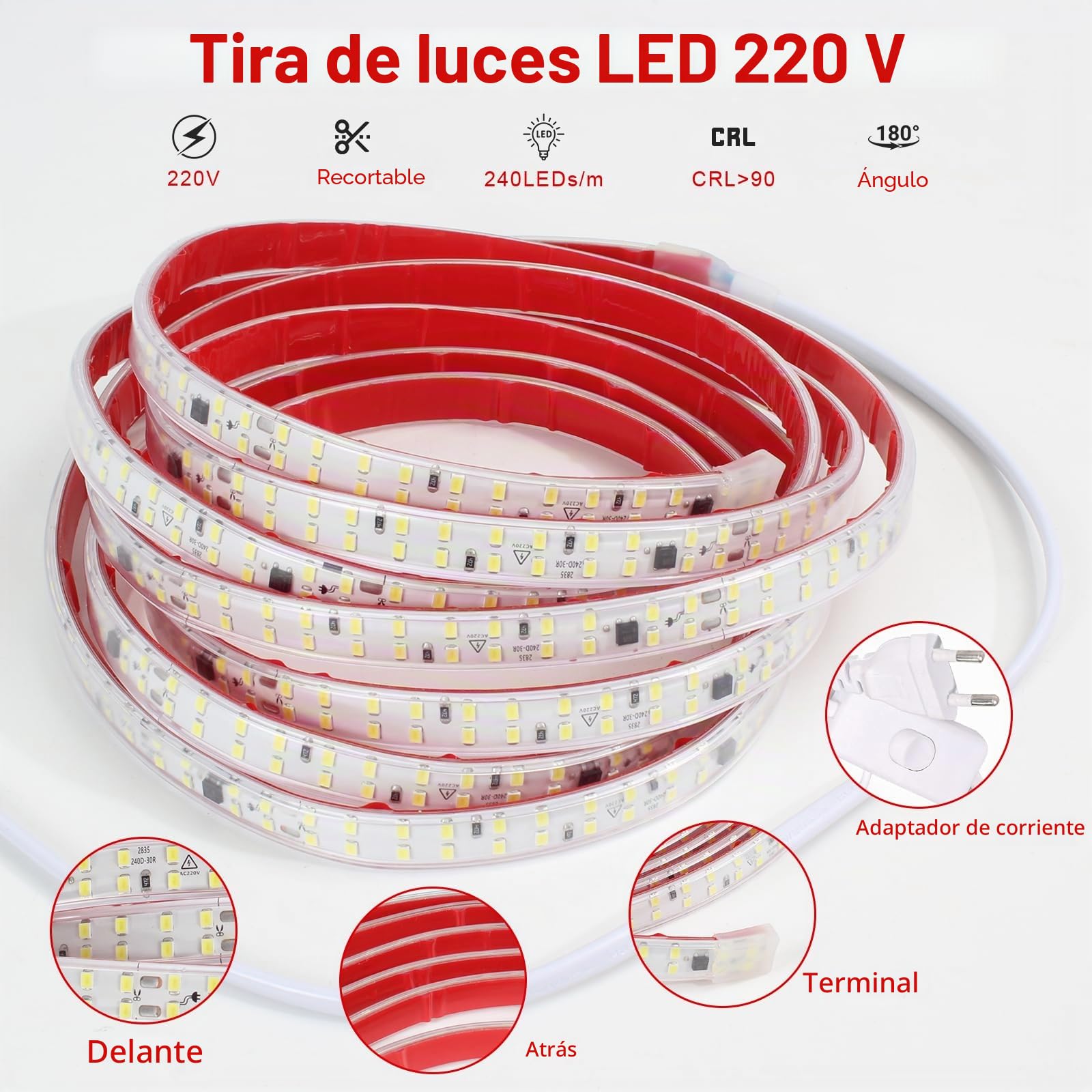 pcning 5M Tira LED 220V Corte 10 CM, Blanco 4000K IP65 Impermeable, 2835 Tiras LED Adhesivo Directa 220V Sin Transformador con Interruptor (Blanco, 5M)