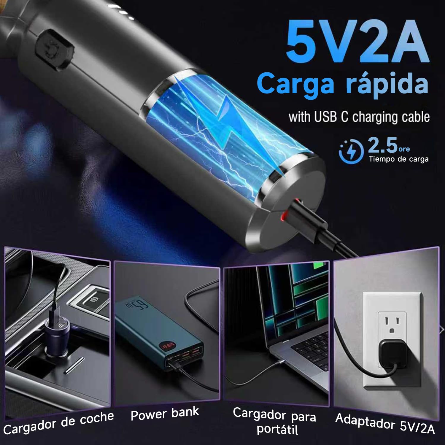 DiliDala Aspirador de Mano, 28000PA Aspiradora de Coche, 4 en 1 Aspirador Coche con Motor Sin Escobillas, 3 Niveles, Mini Aspiradora Sin Cable para Pelo de Mascotas, Coche, Hogar — view 3