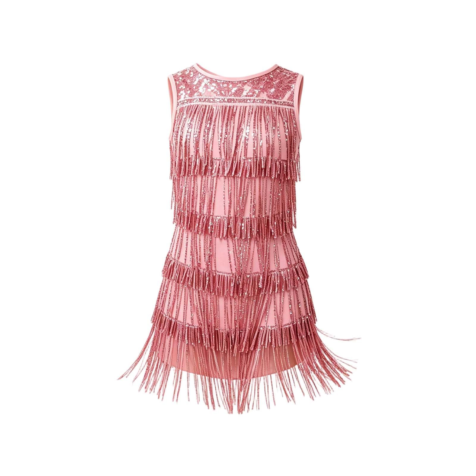 Vestido Ajustado sin Mangas con Lentejuelas y Flecos para niñas, Cuello Alto, Espalda Abierta, Ideal para Baile Latino y Fiestas, Brillo Intenso, Tallas 6-14.