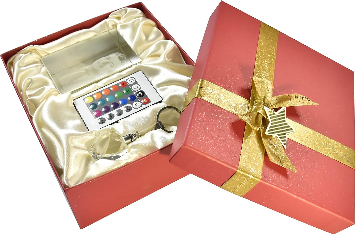Personalized Gifts - 3D Crystal Photo Cube with Black Wooden Base - Warm White LED Lights - Include Personalized Keychain
