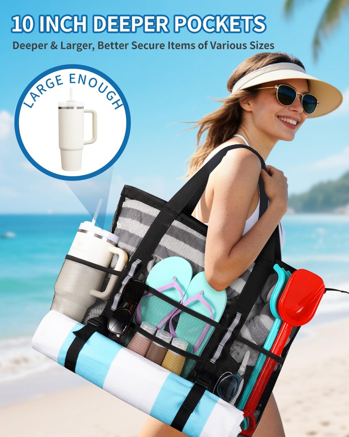 WANDF Mesh Beach Bag for Women, Family Pool Bags for Cruise (XL Black) image 3