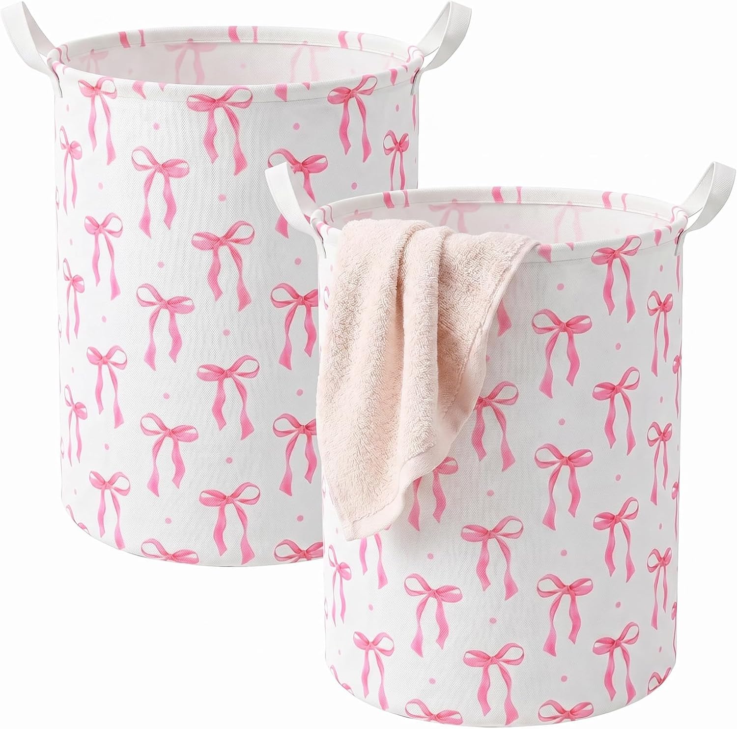 2 Pack Pink Bow Laundry Basket, 13.7"x16.9" Fabric Hamper for Room Decor | Fabric Hamper, Room Decor