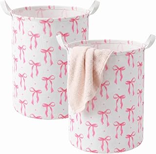2 Pack Pink Bow Laundry Basket, 13.7"x16.9" Fabric Hamper for Room Decor | Fabric Hamper, Room Decor