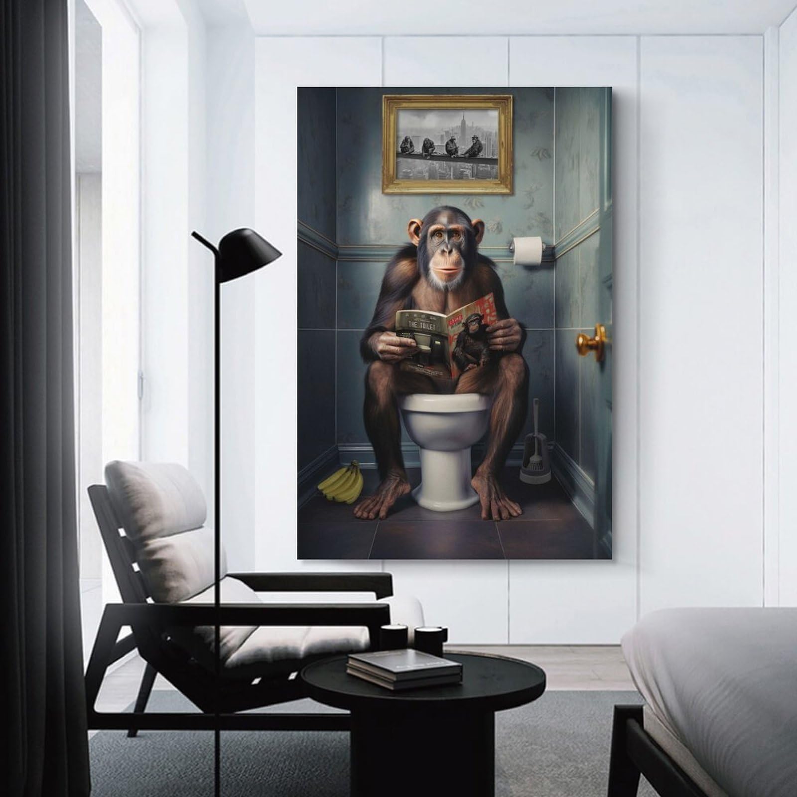 Junmoney Canvas Wall Decor Monkey on The Toilet, 20x30inch(50x75cm), for Flats, Guest Rooms Or Compact Rooms, Wall Decor with Flexible Room Appeal