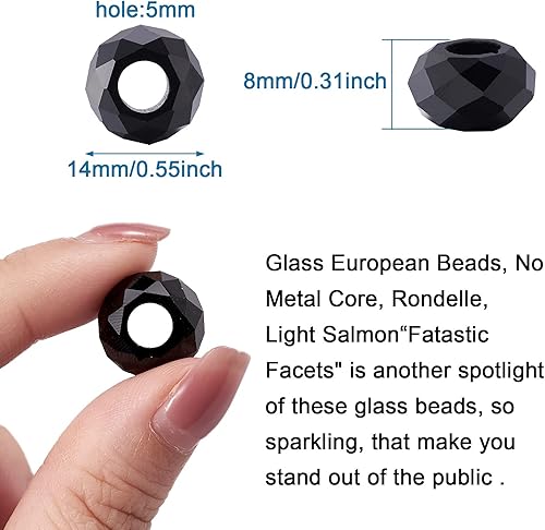 Miniatura 3 de 100 cuentas europeas facetadas de vidrio negro Rondelle Agujero grande Agujero grande Perlas sueltas espaciadoras sin agujero de metal 0.551x0.315