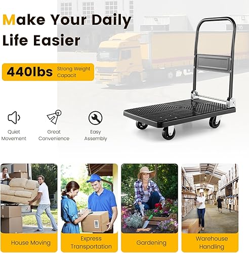 Miniatura 7 de S AFSTAR Camión de plataforma plegable, carrito de empuje con ruedas giratorias de 360 y capacidad de peso de 440 libras, camión de mano móvil,