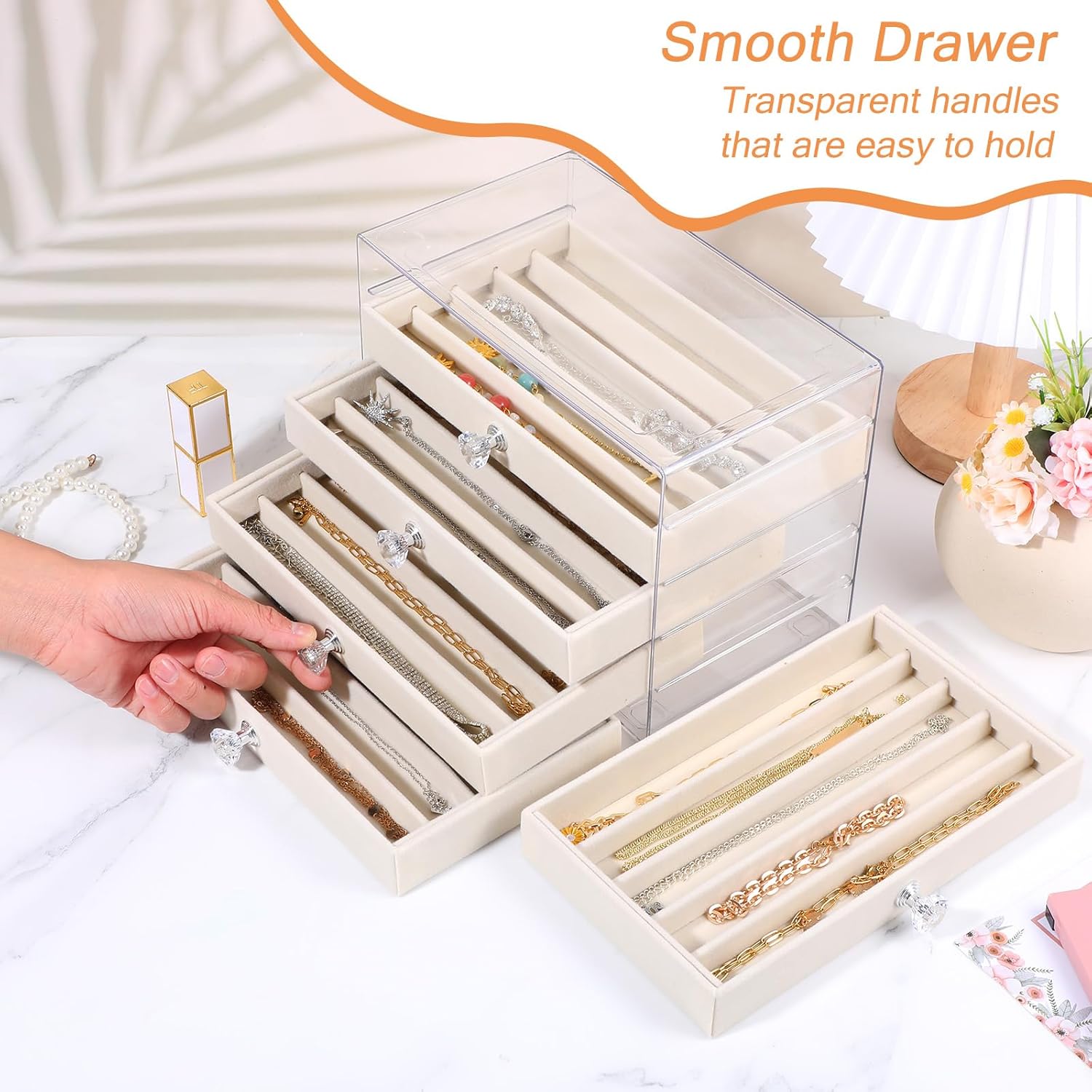 5-Drawer Necklace Organizer Box with Clear Acrylic & Velvet Lining, Beige Necklace Storage Box for Chains, Pendants, Stackable Dustproof Jewelry Holder(9.25 x 5.9 x 6.69 in) - Image 7