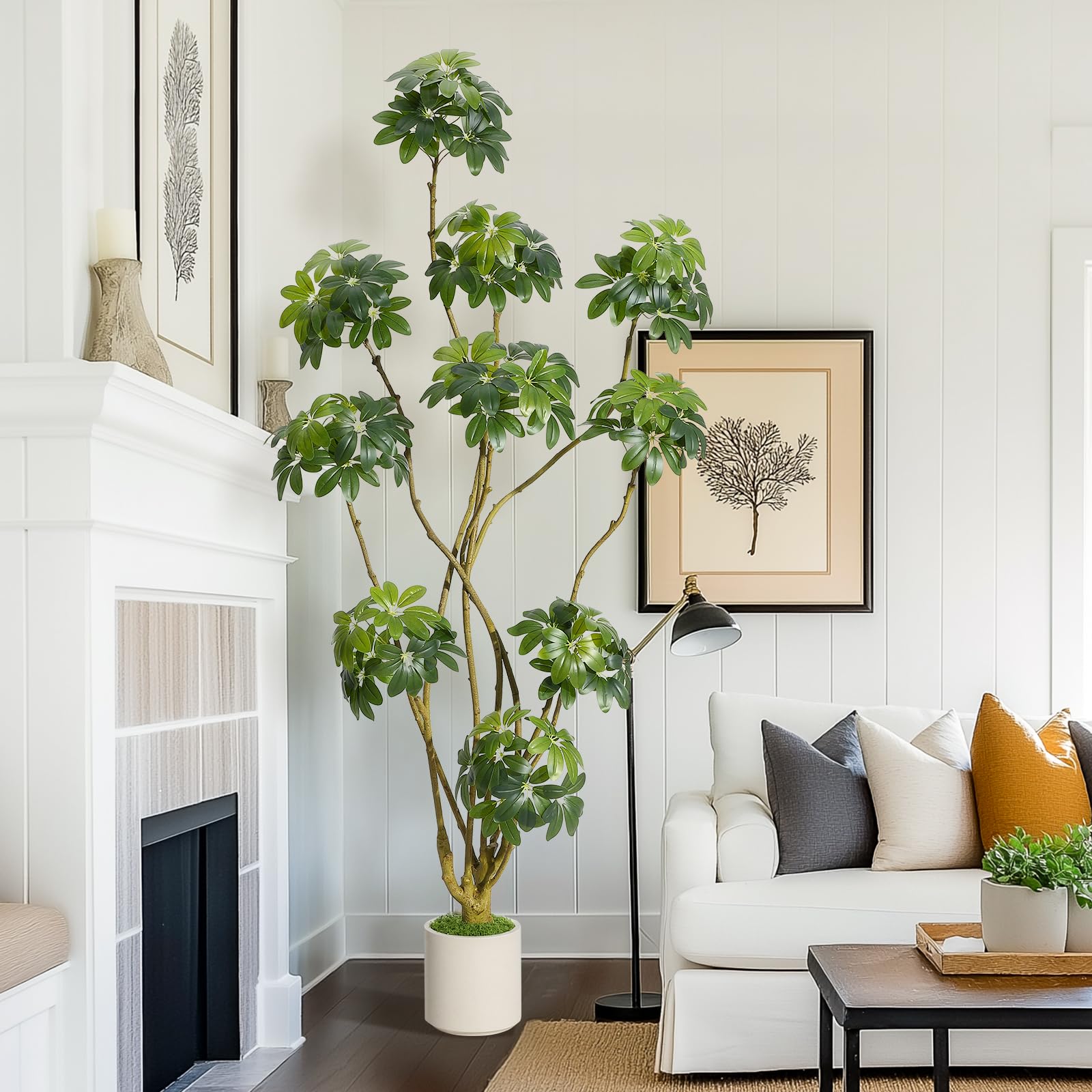 Garvee Künstlicher Schirm Scheffler Baum 210 cm, Künstliche Pflanzen Groß wie echt mit Stamm aus Naturholz, Kunstbaum Groß für Wohnzimmer, Schlafzimmer, Büro, Garten