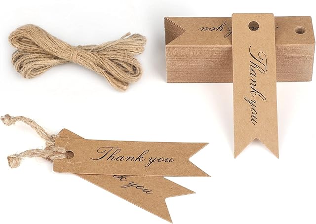 jijAcraft 100 Pcs Kraft Paper Mini Tags, Thank You Gift Tags, 7x2 cm Hanging Decoration Labels with Jute Twine for Wedding Favors (Brown)