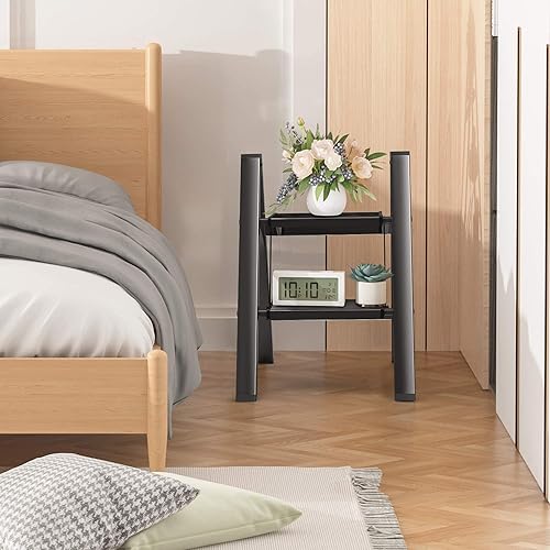 Miniatura 9 de Taburete de 2 peldaños con pedal antideslizante y ancho, escalera de hierro portátil plegable para el hogar y la cocina, 300 libras, color negro