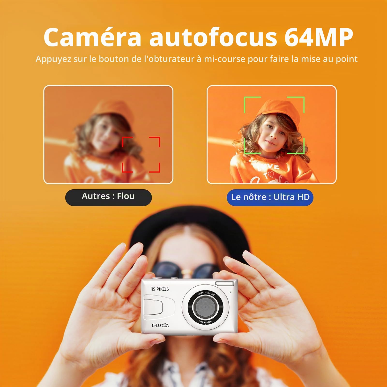 Appareil Photo numérique CCN, 64MP 1080P FHD Appareil Photo avec écran 3,0", Zoom numérique 18X Appareil Photo Compact Portable avec Carte TF 32GB, câble USB, pour Adolescents Enfants Adultes, Blanc