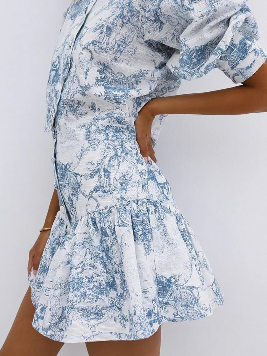 THLAI Women 2 Piece Outfits Skirt Sets Floral Print Button Down Bishop Sleeve Shirt Top and Aline Pleated Mini Skirt Set
