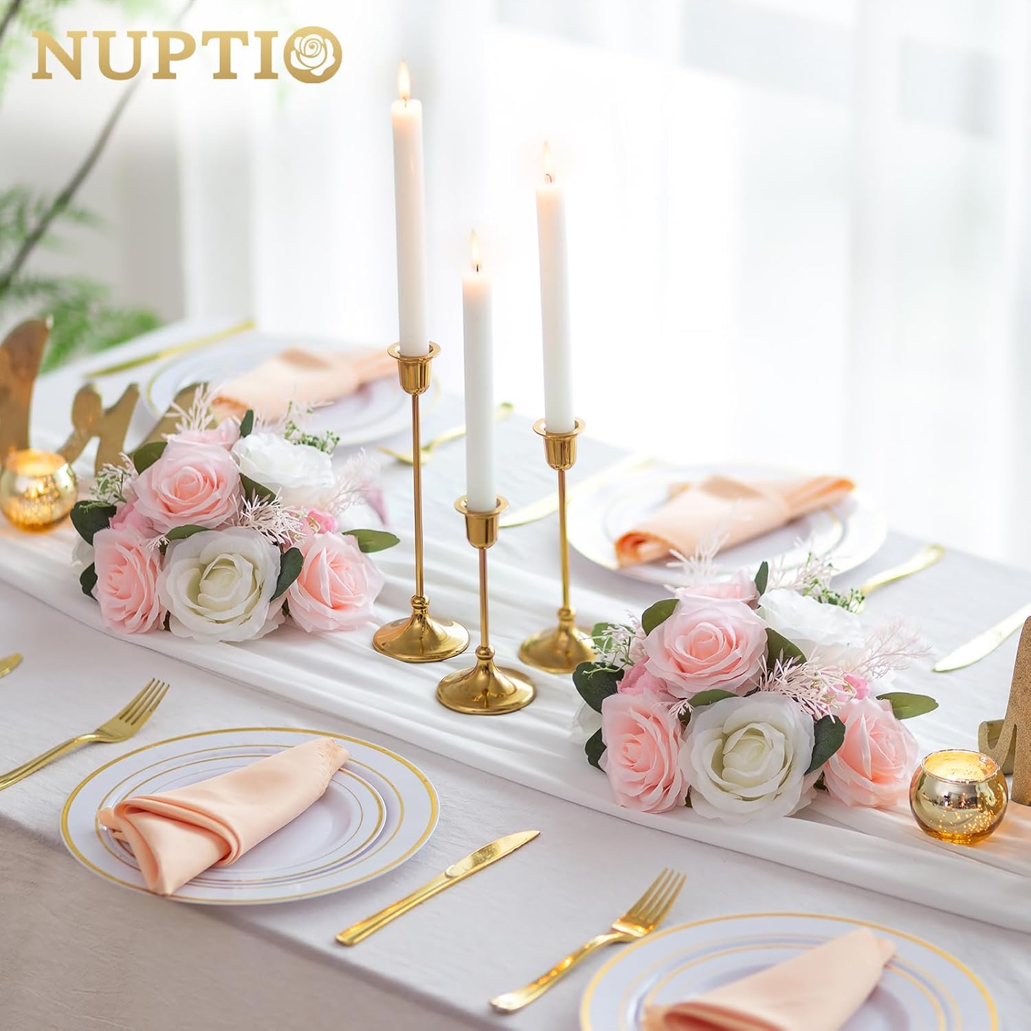 NUPTIO Flower Centerpieces for Tables Decorations: Pink & White Artificial Rose Floral Arrangement for Wedding Party Centerpiece Decor 9.4 Inch Diameter 2 Pcs - Image 2