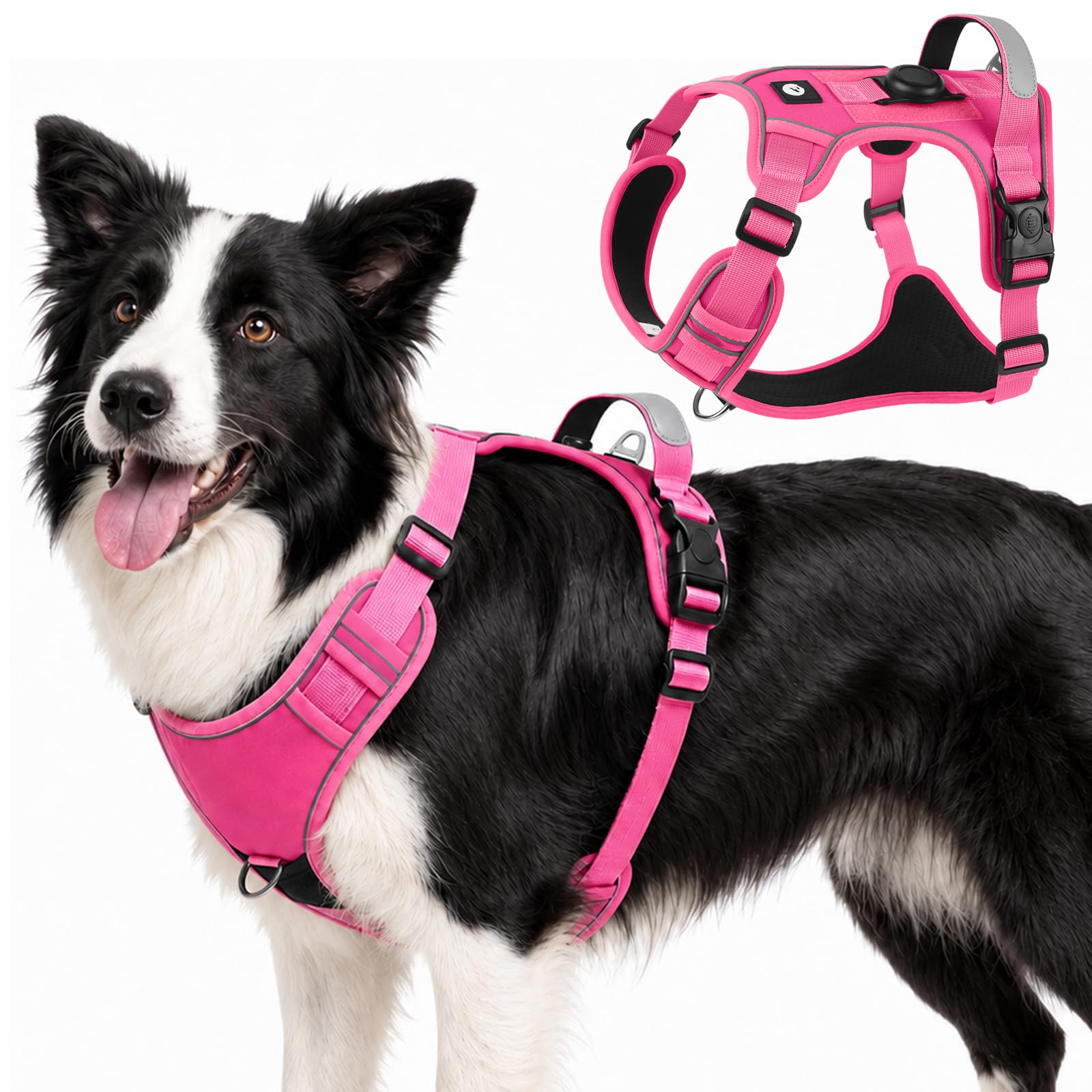 Olcyren No Pull Dog Harness with AirTag Holder, Adjustable Anti Pull Soft Padded Dog Harness with Front Clip, Reflective No-Choke Pet Vest Harness with Handle for Small Medium Large Dogs (Rose Red, L)