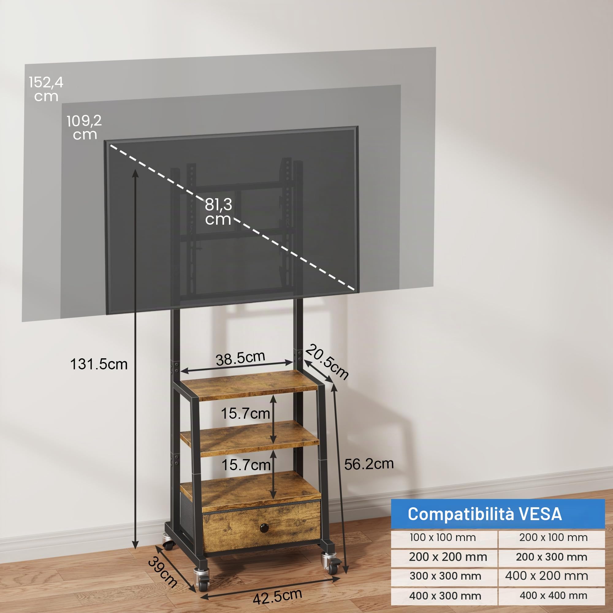 Supporto TV da Pavimento per TV 32-60 Pollici, Porta TV da Terra con 3 Ripiani e Cassetto in Tessuto, Mobile TV con Ruote, Altezza Regolabile, Max VESA 400x400 mm, Carico 40 kg, Marrone Vintage