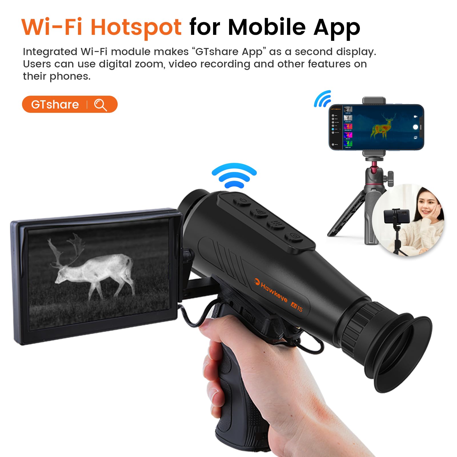 docooler Ai15 AI Thermal Monokulare Wärmebildkamera – 8-facher Digitalzoom, 60-Hz-AMOLED-Display, IP66 wasserdicht, integrierter 32-GB-Speicher, WLAN-Hotspot/Station für Smartphone-Konnektivität