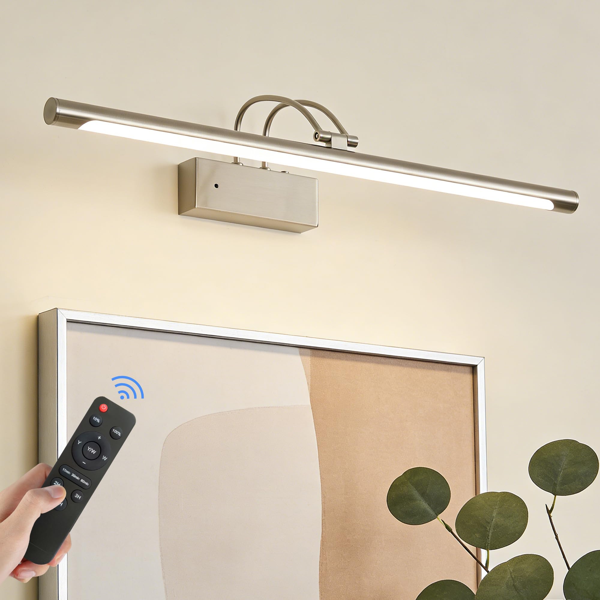 Actask Picture Lights for Wall, 60CM 8000mAh Battery Operated Wall Lights，Wireless Rechargeable picture Light with Remote, Dimmable & 3CCT, 270° Adjustable Picture Lighting for Gallery Hallway, Nickel