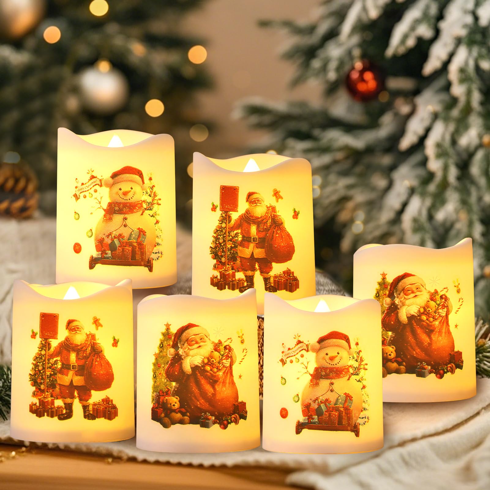 Velas LED decorativas navideñas, 5 unidades, sin llama, velas LED con patrón de Papá Noel, decoración de Navidad, decoración de Navidad, decoración del hogar (A)