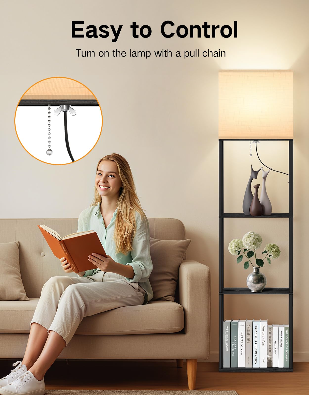 OUTON Lampada da terra con 3 ripiani, piantana design moderno con ripiano | in legno, libreria alta a 3 temperature di colore, LED lettura regolabile, Salotto, Camera, Ufficio (Nero)