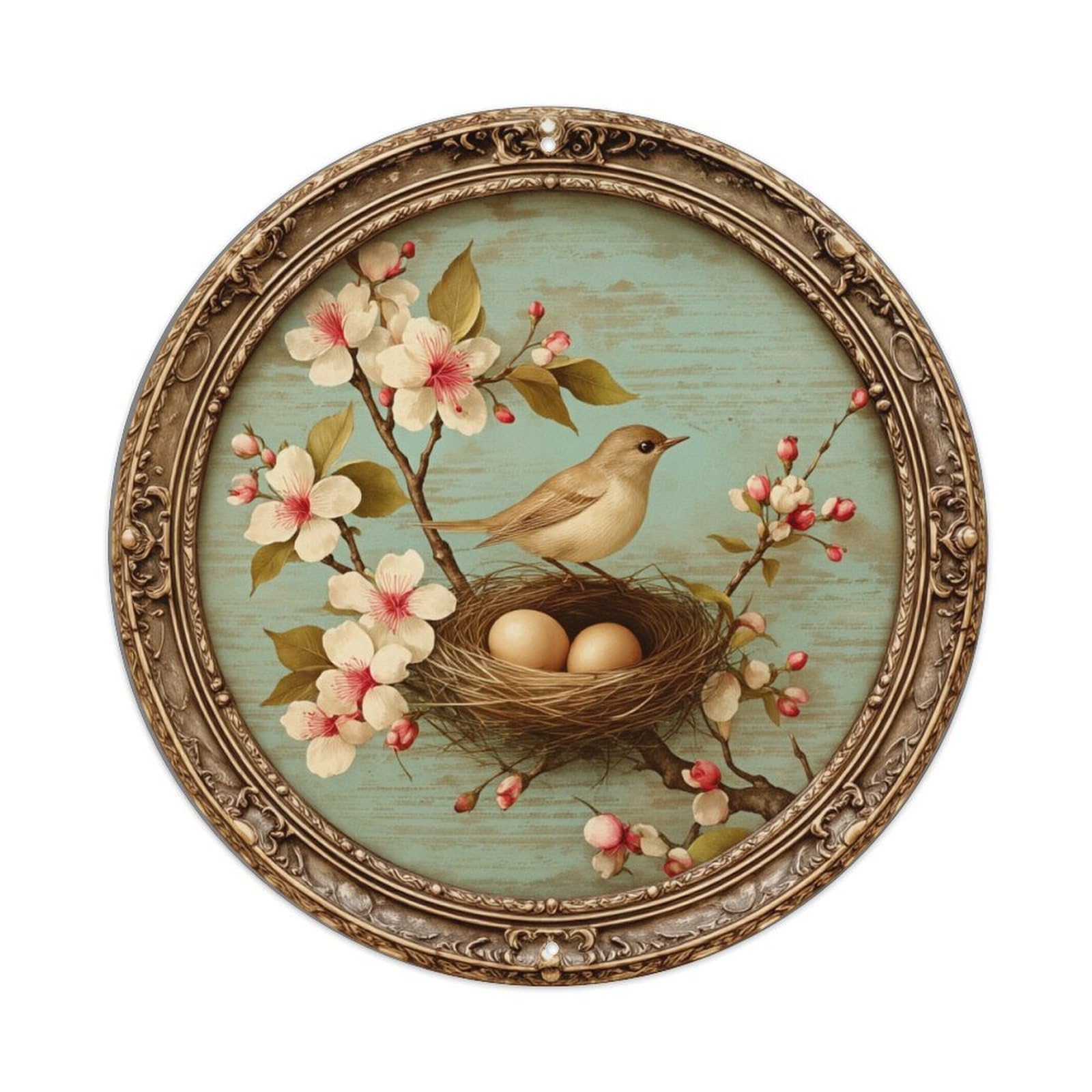 Bird Nest Blossom Spring Round Tin Sign Vintage Metal Poster, Home Bar Garage Man Cave Cafe Indoor & Outdoor Wall Decoration 8x8Inches